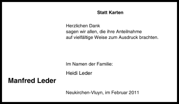 Traueranzeige von Manfred Leder von Tageszeitung