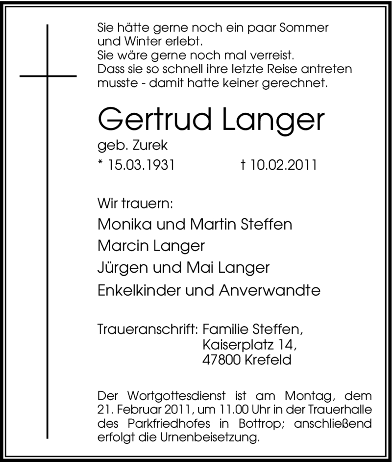  Traueranzeige für Gertrud Langer vom 16.02.2011 aus Tageszeitung