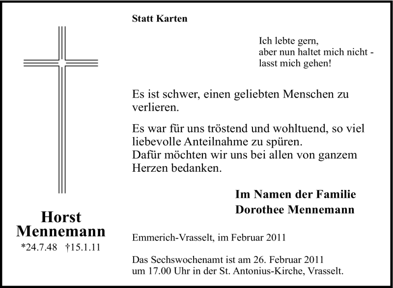  Traueranzeige für Horst Mennemann vom 21.02.2011 aus Tageszeitung