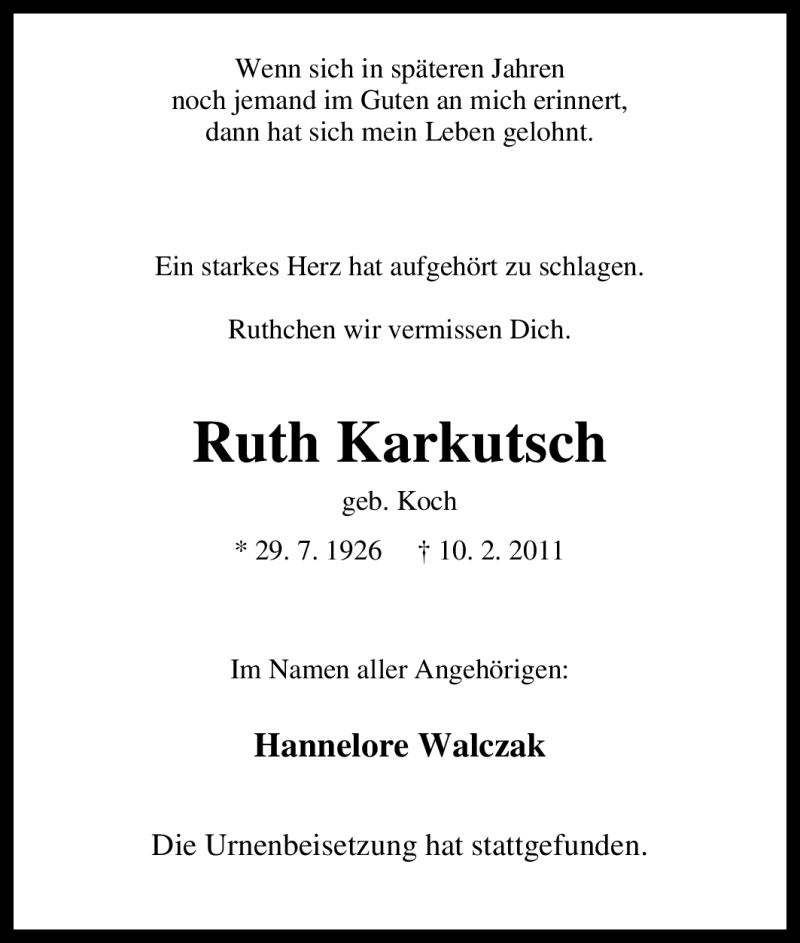 Traueranzeigen von Ruth Karkutsch TrauerinNRW.de