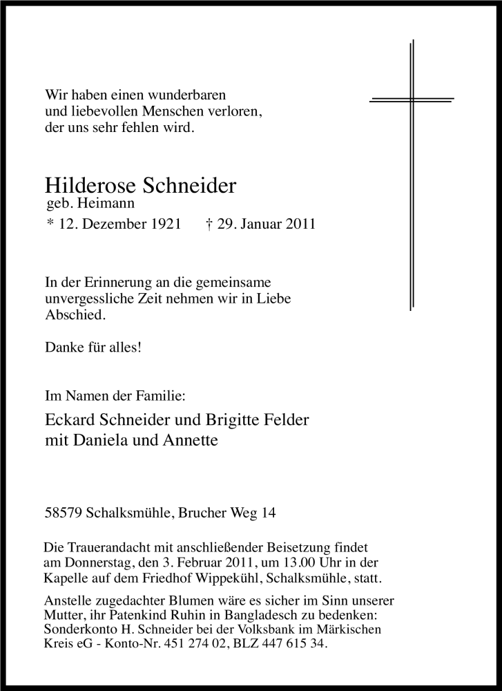  Traueranzeige für Hilderose Schneider vom 01.02.2011 aus Tageszeitung