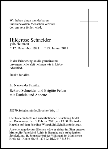 Traueranzeige von Hilderose Schneider von Tageszeitung