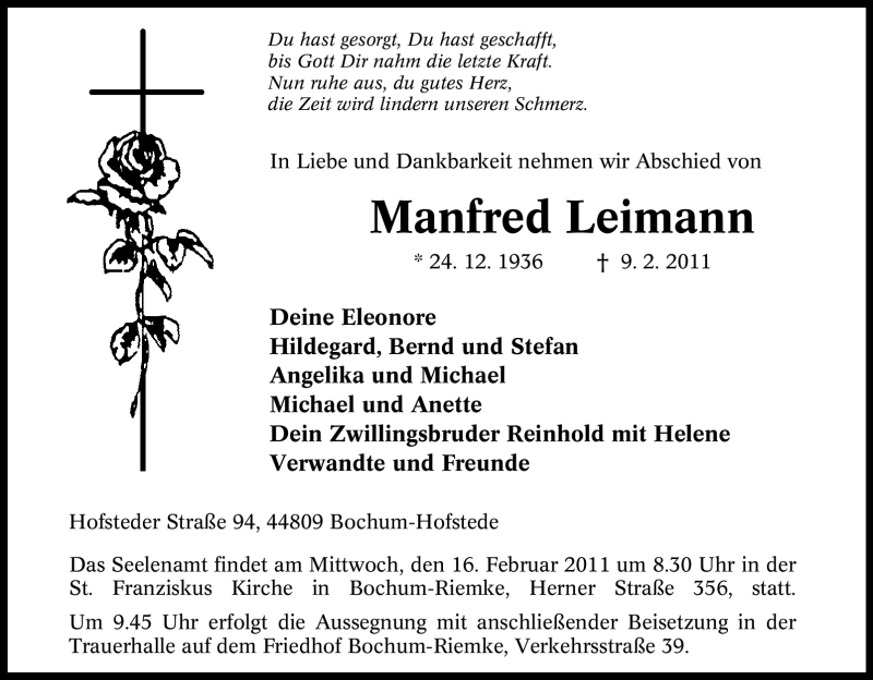  Traueranzeige für Manfred Leimann vom 12.02.2011 aus Tageszeitung