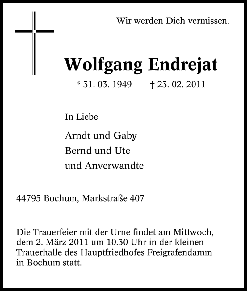  Traueranzeige für Wolfgang Endrejat vom 26.02.2011 aus Tageszeitung