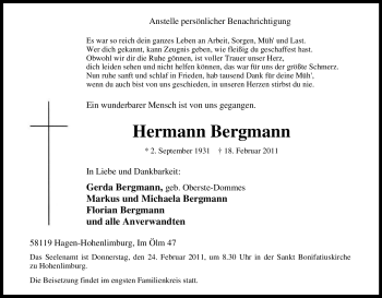 Traueranzeige von Hermann Bergmann von Tageszeitung