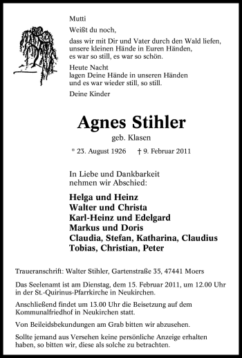 Traueranzeige von Agnes Stihler von Tageszeitung