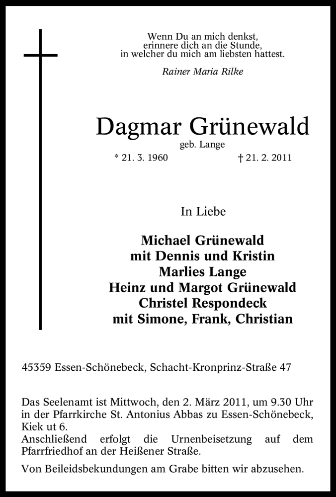  Traueranzeige für Dagmar Grünewald vom 24.02.2011 aus Tageszeitung