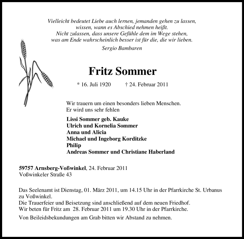  Traueranzeige für Fritz Sommer vom 26.02.2011 aus Tageszeitung