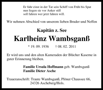 Traueranzeige von Karlheinz Wambsganß von Tageszeitung