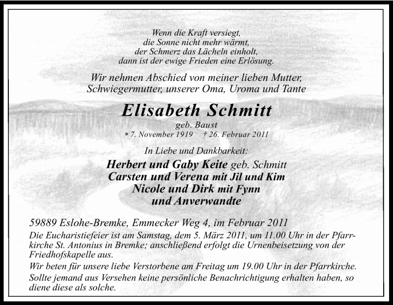  Traueranzeige für Elisabeth Schmitt vom 28.02.2011 aus Tageszeitung
