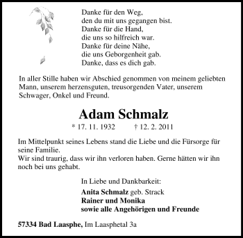 Traueranzeige von Adam Schmalz von Tageszeitung