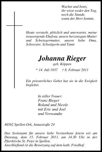 Traueranzeige von Johanna Rieger von Tageszeitung