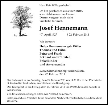 Traueranzeige von Josef Hennemann von Tageszeitung