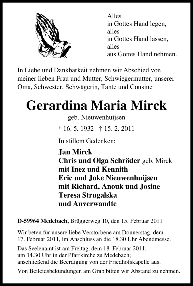  Traueranzeige für Gerardina Maria Mirck vom 16.02.2011 aus Tageszeitung