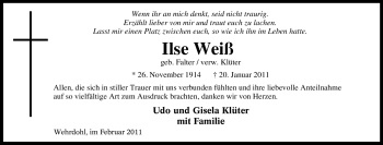 Traueranzeige von Ilse Weiß von Tageszeitung