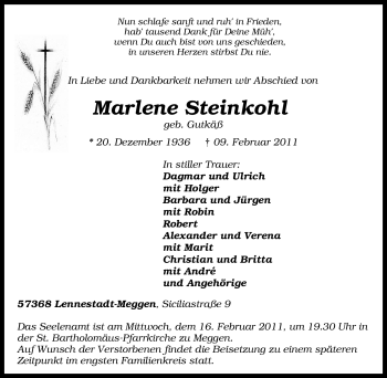 Traueranzeige von Marlene Steinkohl von Tageszeitung