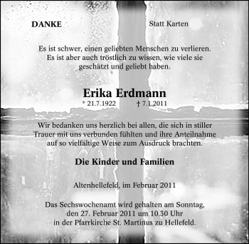 Traueranzeige von Erika Erdmann von Tageszeitung