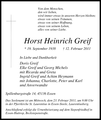 Traueranzeige von Horst Heinrich Greif von Tageszeitung