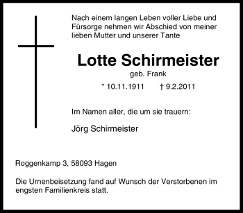 Traueranzeige von Lotte Schirmeister von Tageszeitung