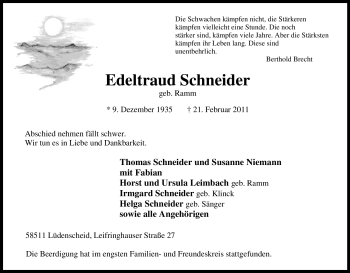 Traueranzeige von Edeltraud Schneider von Tageszeitung