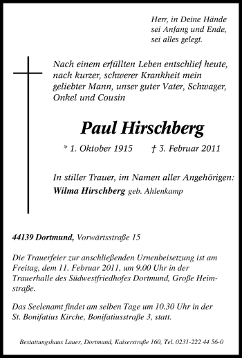 Traueranzeige von Paul Hirschberg von Tageszeitung