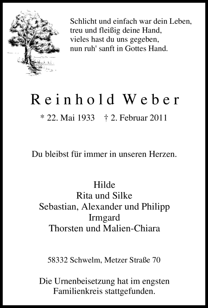  Traueranzeige für Reinhold Weber vom 17.02.2011 aus Tageszeitung