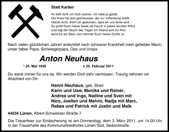 Traueranzeige von Anton Neuhaus von Tageszeitung