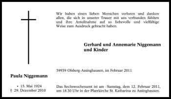 Traueranzeige von Paula Niggemann von Tageszeitung