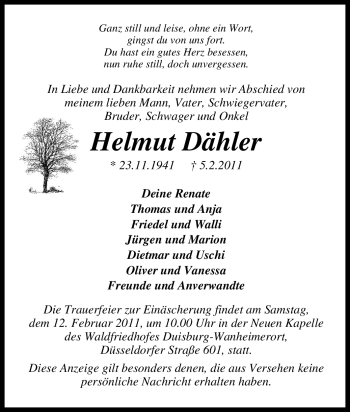 Traueranzeige von Helmut Dähler von Tageszeitung
