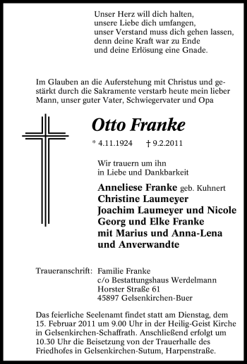 Traueranzeige von Otto Franke von Tageszeitung