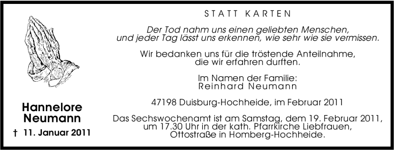 Traueranzeige für Hannelore Neumann vom 09.02.2011 aus Tageszeitung
