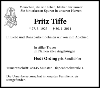 Traueranzeige von Fritz Tiffe von Tageszeitung