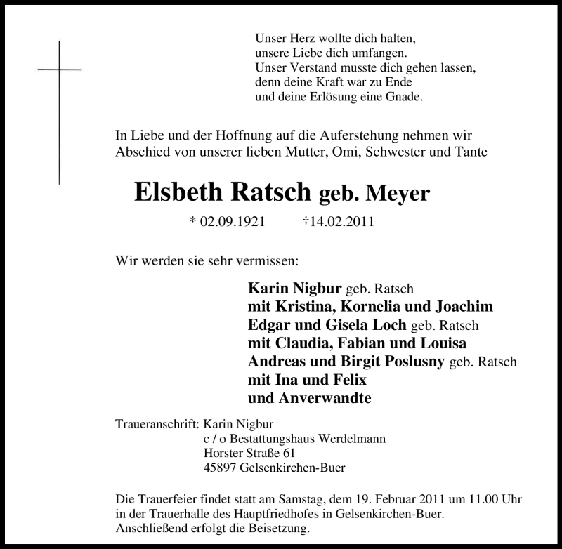  Traueranzeige für Elsbeth Ratsch vom 16.02.2011 aus Tageszeitung