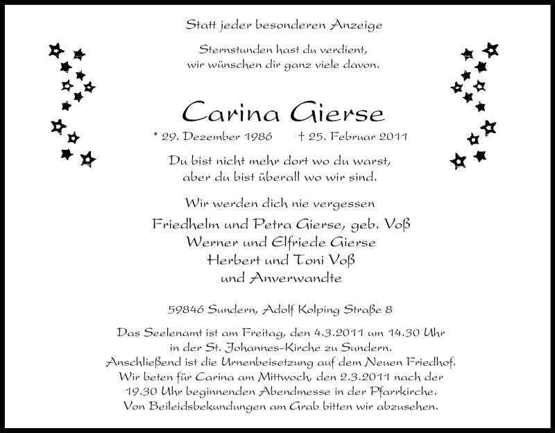  Traueranzeige für Carina Gierse vom 28.02.2011 aus Tageszeitung