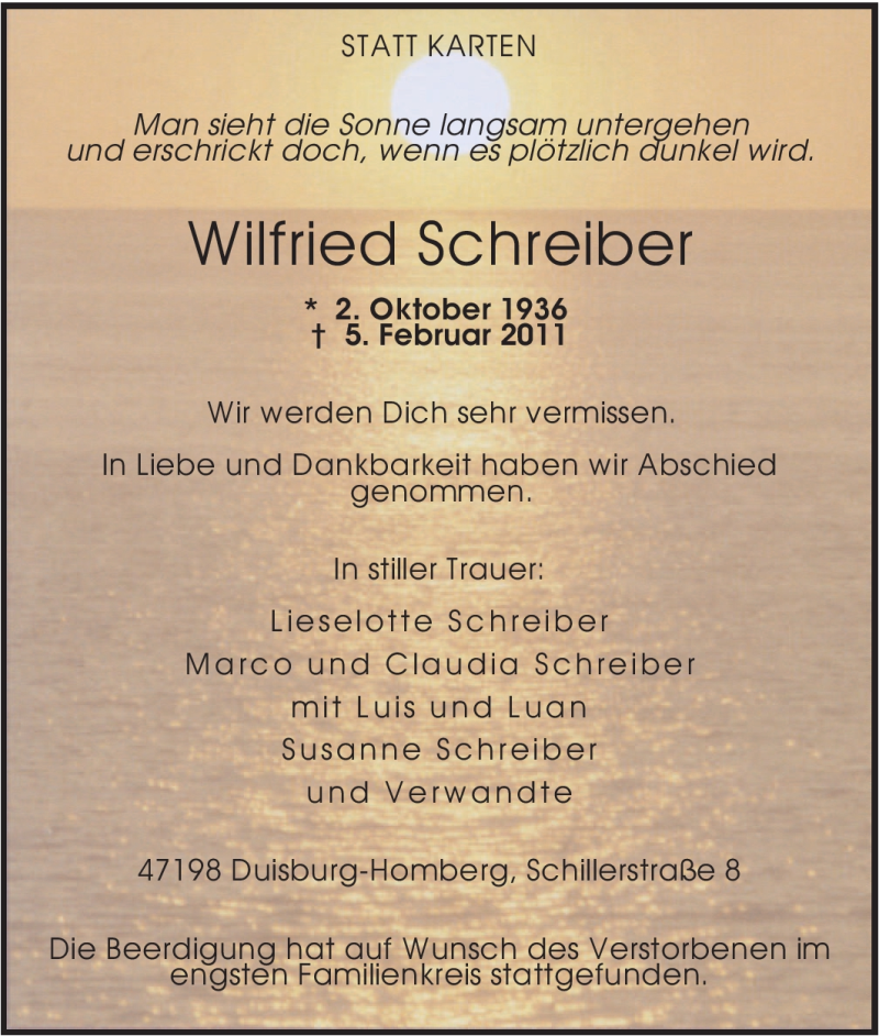  Traueranzeige für Wilfried Schreiber vom 16.02.2011 aus Tageszeitung