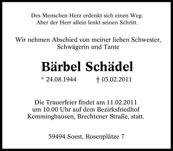 Traueranzeige von Bärbel Schädel von Tageszeitung