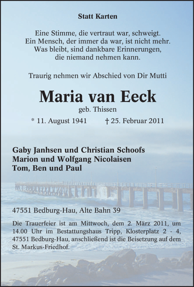  Traueranzeige für Maria van Eeck vom 28.02.2011 aus Tageszeitung