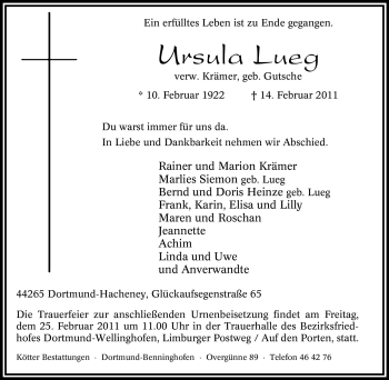 Traueranzeige von Ursula Lueg von Tageszeitung