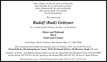 Traueranzeige von Rudolf Grützner von Tageszeitung