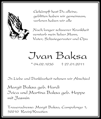 Traueranzeige von Ivan Baksa von Tageszeitung