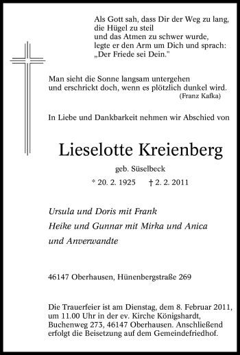 Traueranzeige von Lieselotte Kreienberg von Tageszeitung
