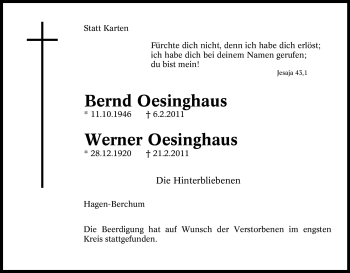 Traueranzeige von Bernd Oesinghaus von Tageszeitung
