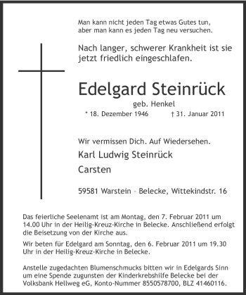 Traueranzeige von Edelgard Steinrück von Tageszeitung