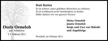 Traueranzeige von Doris Ormeloh von Tageszeitung