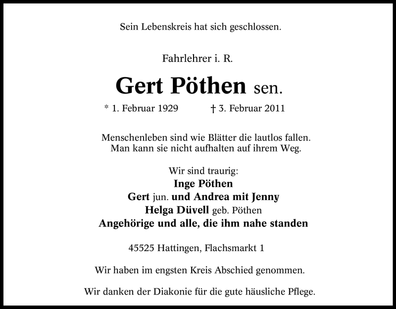  Traueranzeige für Gert Pöthen sen. vom 12.02.2011 aus Tageszeitung