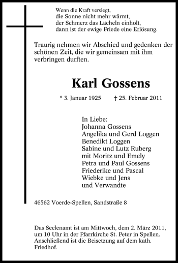 Traueranzeige von Karl Gossens von Tageszeitung