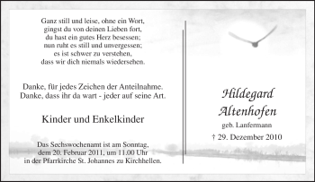 Traueranzeige von Hildegard Altenhofen von Tageszeitung