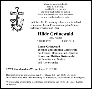Traueranzeige von Hilde Grünewald von Tageszeitung