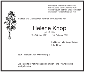 Traueranzeige von Helene Knop von Tageszeitung