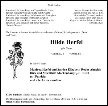 Traueranzeige von Hilde Herfel von Tageszeitung